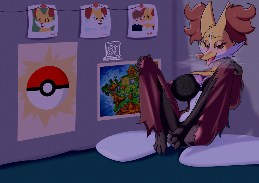 2023 3_toes absurd_res anthro bed bedroom_eyes big_breasts biped black_body black_clothing black_fur blush blush_lines bra braixen breasts butt canid canine claws clothed clothing delphox digital_media_(artwork) english_text eyelashes eyeshadow feet female fennekin fur furniture gamesfan generation_6_pokemon hi_res huge_breasts humanoid inner_ear_fluff lying makeup mammal map markings narrowed_eyes navel nintendo on_bed paws photo pokeball pokemon pokemon_(species) red_body red_eyes red_fur seductive signature solo steam suggestive suggestive_look text toes tongue tongue_out topwear tuft underwear white_body white_fur yellow_body yellow_fur