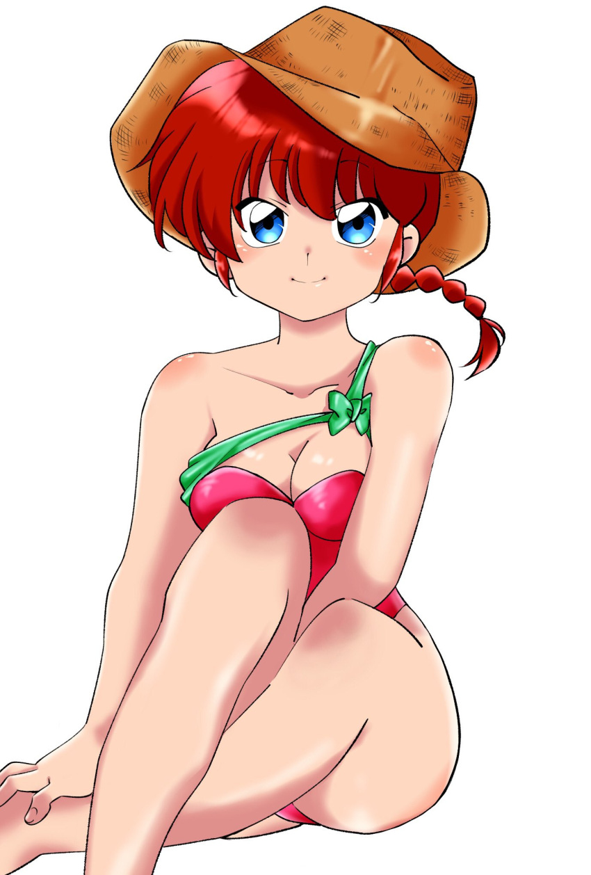 1girl blue_eyes braid braided_ponytail breasts brown_headwear cleavage hat highres ichika_(sak4869) long_hair looking_at_viewer medium_breasts one-piece_swimsuit ranma-chan red_hair red_one-piece_swimsuit single_braid sitting smile solo strapless strapless_swimsuit sun_hat swimsuit urusei_yatsura