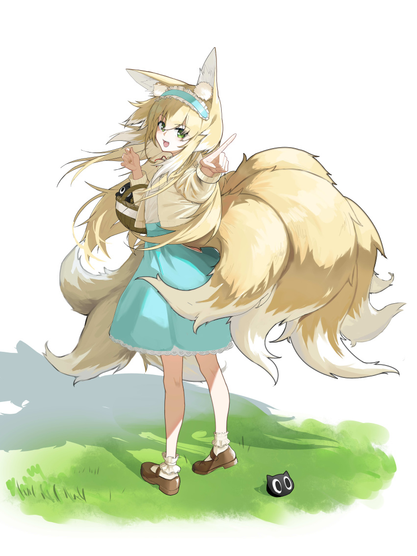 1girl :d absurdres animal_ear_fluff animal_ears ankle_socks arknights basket black_cat blonde_hair blue_hairband blue_skirt bobby_socks brown_footwear cardigan cat chinese_commentary colored_tips commentary_request crossover fox_ears fox_girl fox_tail frilled_hairband frills from_behind full_body green_eyes hair_between_eyes hairband heixiu helenhe high-waist_skirt highres in_basket long_hair long_sleeves looking_at_viewer luo_xiaohei luo_xiaohei_zhanji mary_janes multicolored_hair neck_ribbon official_alternate_costume open_cardigan open_clothes open_mouth puffy_long_sleeves puffy_sleeves red_ribbon ribbon shadow shirt shoes skirt smile socks standing suzuran_(arknights) suzuran_(spring_praise)_(arknights) tail teeth two-tone_hair upper_teeth_only white_background white_hair white_shirt white_socks yellow_cardigan