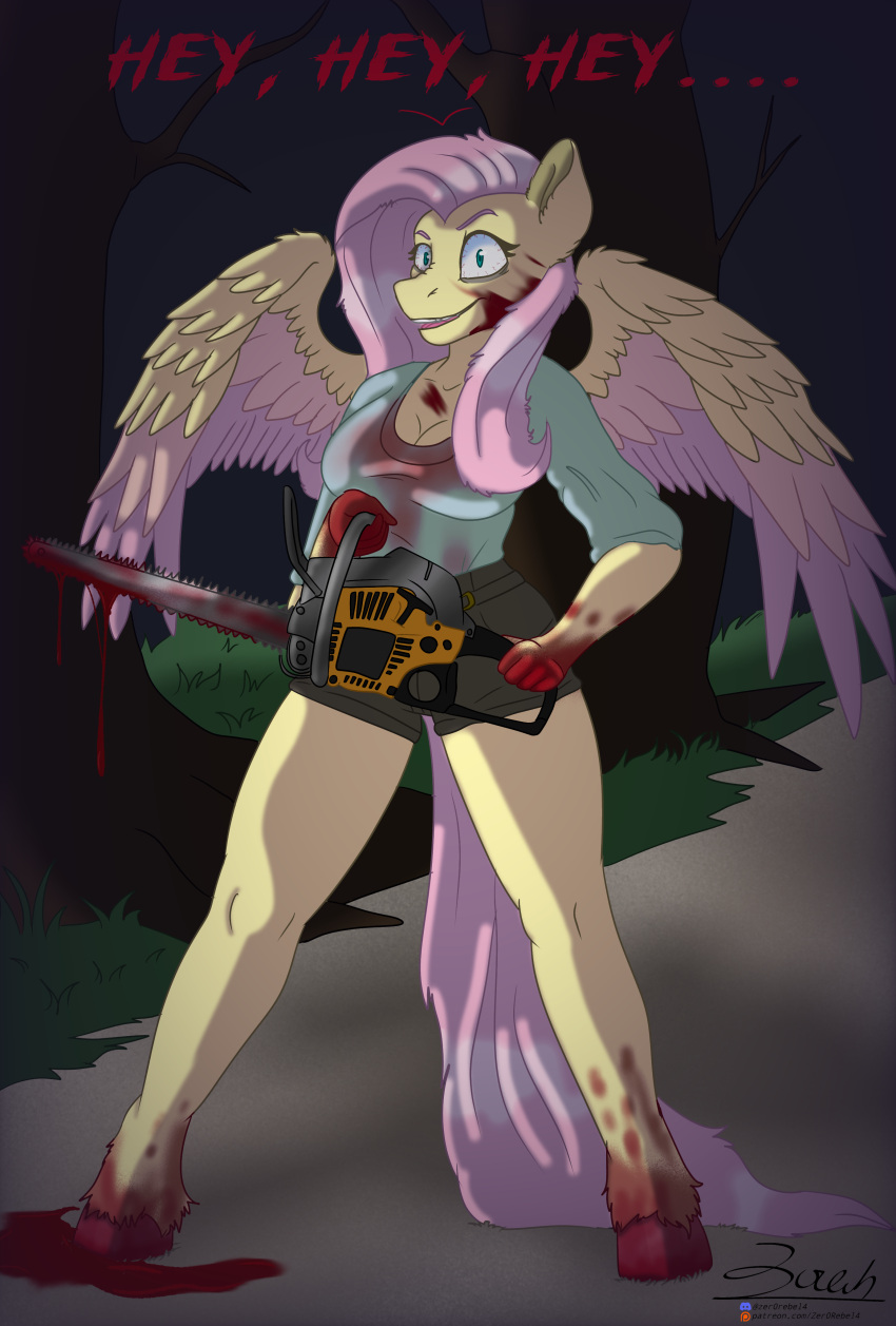 2023 absurd_res anthro anthrofied blood blood_on_chest blood_on_face blood_on_hooves blood_on_shirt blood_on_weapon bloodshot_eyes blue_eyes bodily_fluids bottomwear breasts chainsaw cleavage clothed clothing detailed dialogue digital_media_(artwork) discord_(app) english_text equid equine feathers female fluttershy_(mlp) friendship_is_magic fur gore hair hasbro hi_res holding_object holding_weapon horse imminent_death insane insane_eyes looking_at_viewer mammal my_little_pony night outside patreon pegasus pink_body pink_feathers pink_hair plant pony pony.mov power_tool shirt shorts solo spread_wings standing text tools topwear tree url violence weapon wings yellow_body yellow_feathers yellow_fur zer0rebel4