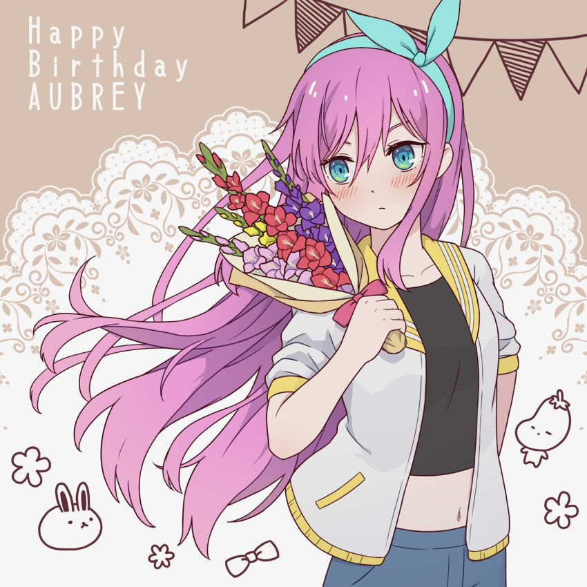 1girl aubrey_(omori) blue_skirt bouquet character_name collarbone crop_top denim denim_skirt flower forest_bunny_(omori) green_eyes hairband happy_birthday highres holding holding_bouquet jacket long_hair mozukusa navel omori pink_hair short_sleeves skirt solo white_jacket