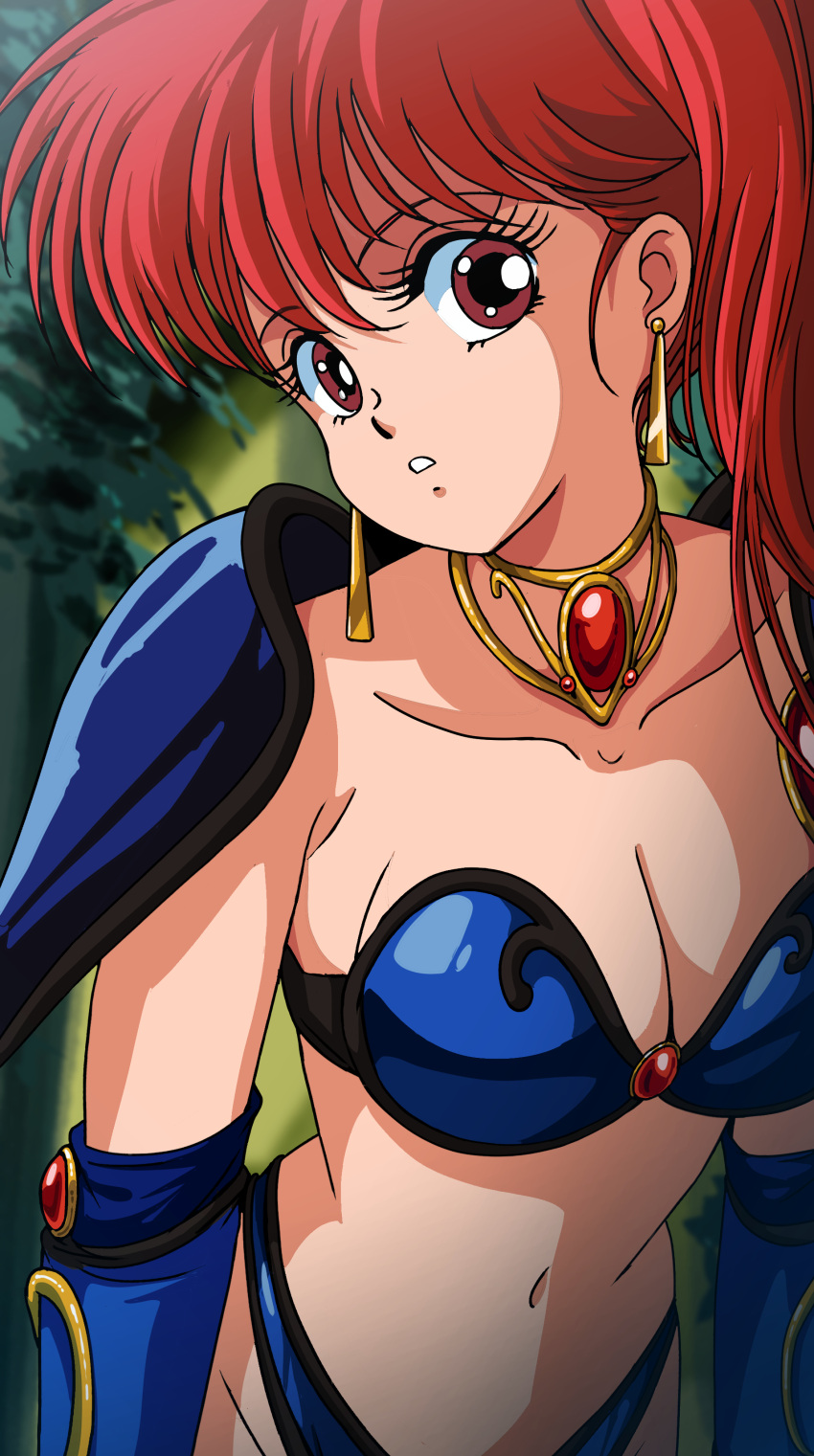 1girl absurdres armor asagiri_youko bikini bikini_armor blue_bikini breasts brown_eyes brown_hair choker cleavage earrings forest gem genmu_senki_leda highres jewelry long_hair looking_at_viewer masaaki_endo nature navel outdoors pauldrons shoulder_armor side_ponytail solo swimsuit upper_body