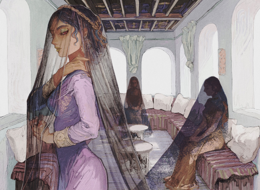 3girls amazigh_clothes black_hair brown_eyes ceiling closed_eyes closed_mouth dress earrings expressionless eyelashes eyeshadow floor hand_on_own_shoulder highres indoors jewelry long_sleeves looking_at_viewer makeup multiple_girls original pillow purple_dress sitting standing table veil window yuko_(foret_noire)