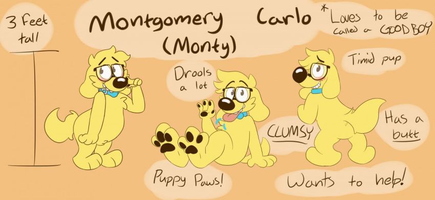 anthro black_pawpads blue_dog_collar blush brown_background butt canid canine canis domestic_dog english_text eyewear fur gesture glasses height male mammal model_sheet monty_(montypup) montypup pawpads simple_background sitting solo teeth_showing text tongue tongue_out waving yellow_body yellow_fur
