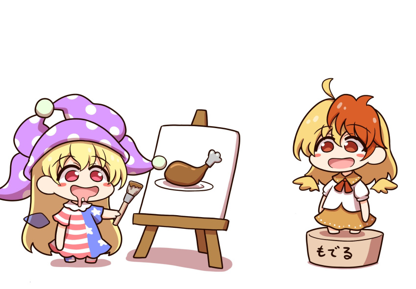 2girls ahoge american_flag_dress bird_wings blonde_hair blush_stickers canvas_(object) clownpiece detached_wings dress drooling fairy fairy_wings feathered_wings hat highres holding holding_paintbrush jester_cap long_hair mouth_drool multicolored_hair multiple_girls niwatari_kutaka open_mouth orange_dress paintbrush polka_dot polka_dot_headwear purple_headwear red_eyes red_hair shirt shitacemayo short_hair short_sleeves simple_background smile striped striped_dress touhou two-tone_hair white_background white_shirt wings yellow_wings