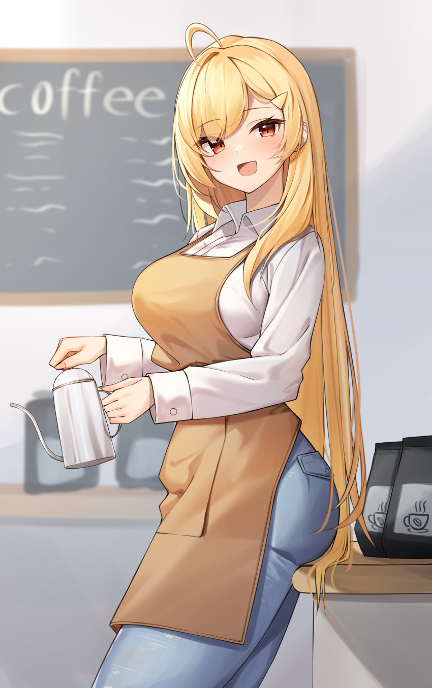 1girl :d absurdres ahoge apron blonde_hair blue_pants breasts brown_apron collared_shirt cowboy_shot denim hair_ornament hairclip highres holding jingburger kettle large_breasts long_hair long_sleeves looking_at_viewer open_mouth pants red_eyes shirt smile solo standing very_long_hair virtual_youtuber waktaverse white_shirt ziro_(zirorong)