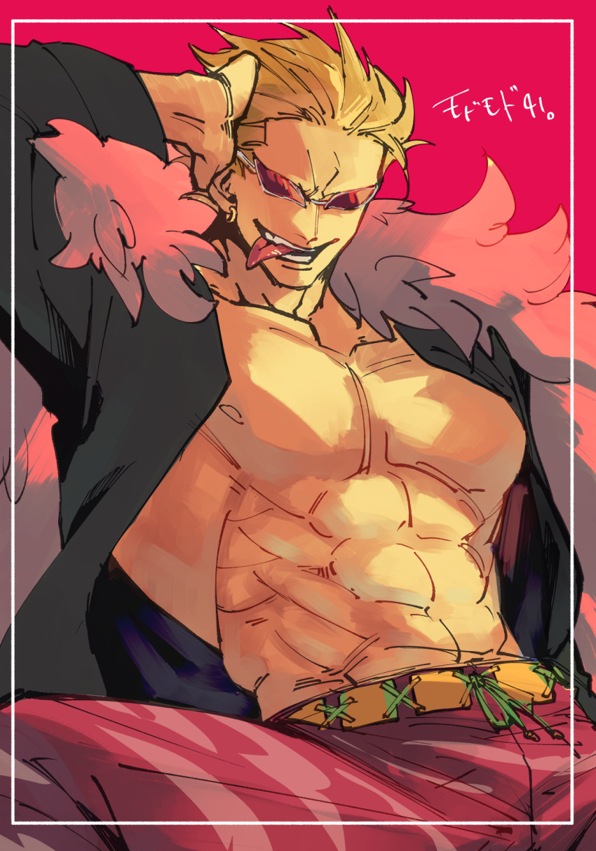 1boy abs ahi_tb blonde_hair border coat donquixote_doflamingo earrings feather_coat hair_slicked_back hand_in_own_hair highres jewelry male_focus muscular muscular_male one_piece open_mouth pants shirt short_hair smile solo sunglasses tongue tongue_out white_border