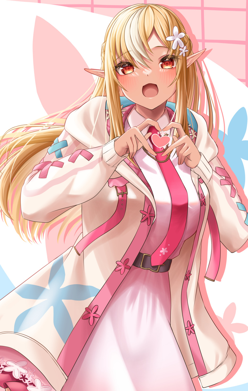 1girl absurdres blonde_hair blush braid collared_dress dark-skinned_female dark_skin dress flower french_braid hair_flower hair_ornament heart heart_hands highres hololive jacket long_hair looking_at_viewer multicolored_hair official_alternate_costume open_mouth orange_eyes pink_dress pink_jacket pointy_ears shiranui_flare shiranui_flare_(4th_costume) sidelocks smile solo streaked_hair virtual_youtuber white_hair yudame