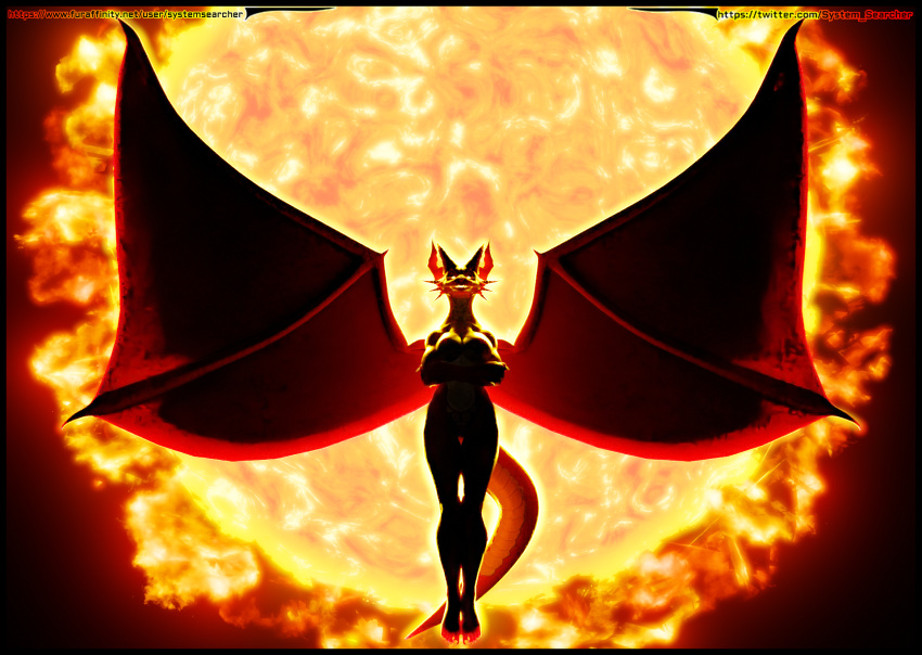 2023 3d_(artwork) animal_humanoid anthro artist_name backlighting black_body blender_(software) blender_cycles breasts convenient_censorship digital_media_(artwork) dragon dragon_wings english_text female fire floating flying full-length_portrait glowing glowing_eyes glowing_mouth hi_res horn humanoid light lighting looking_at_viewer looking_down looking_down_at_viewer nude portrait reptile scalie scalie_humanoid shadow solo solo_focus spread_wings sun systemsearcher tagme teeth teeth_showing text twitter_username url widescreen wings