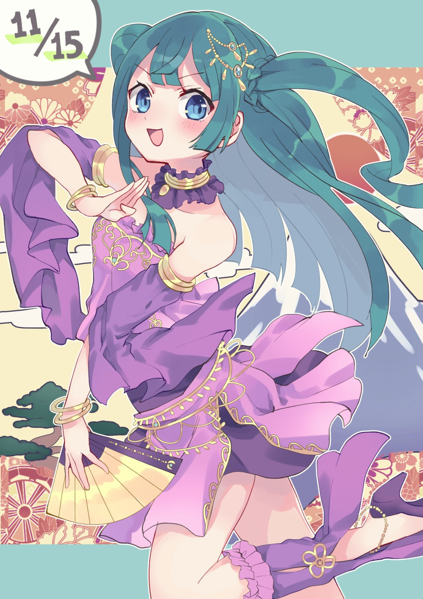 1girl :d bare_shoulders blue_eyes blunt_bangs blunt_ends blush bracelet collar commentary_request detached_collar detached_sleeves folding_fan gold_trim green_hair hand_fan highres holding holding_fan idol_clothes jewelry long_hair looking_at_viewer marueri open_mouth pretty_(series) pripara purple_collar purple_shirt purple_skirt purple_sleeves shirt skirt smile solo speech_bubble tsukikawa_chili wide_sleeves