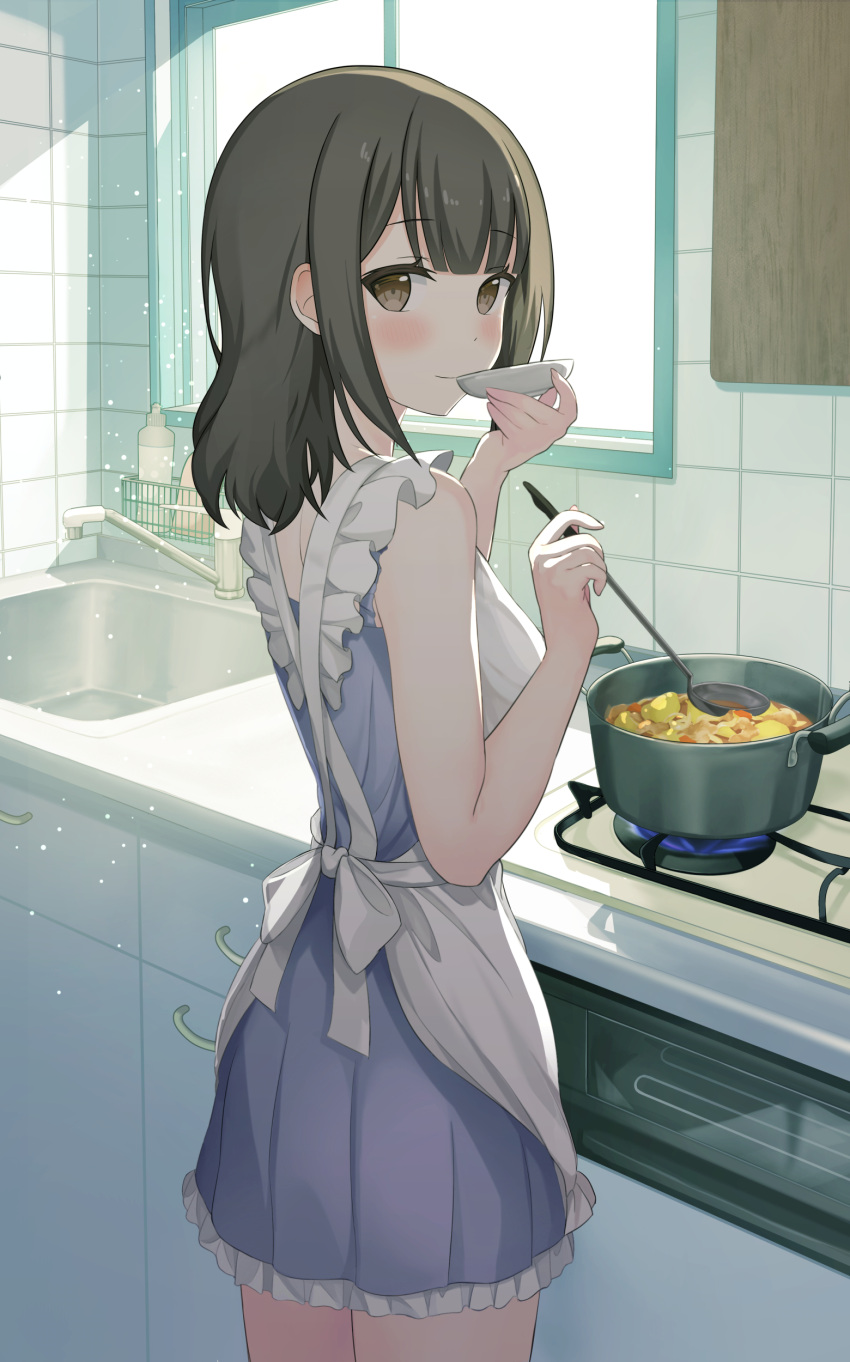 1girl absurdres apron blue_dress blush brown_eyes brown_hair cabinet closed_mouth cooking cowboy_shot dress echiru39 faucet frilled_dress frills from_behind highres holding indoors ladle long_hair looking_at_viewer looking_back original sleeping smile solo tasting white_apron window