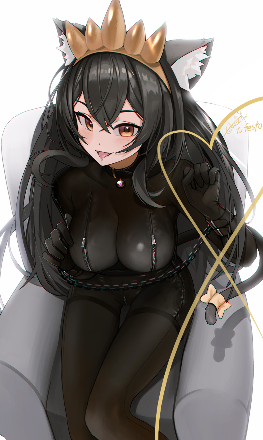 1girl animal_ears anizi armchair black_bodysuit black_gloves black_hair blush bodysuit bow breast_zipper breasts brown_eyes brown_hairband cat_ears cat_girl cat_tail chain chained chair collar crotch_zipper cuffs fangs gloves hairband highres impossible_bodysuit impossible_clothes large_breasts long_hair looking_at_viewer open_mouth original shackles signature simple_background sitting tail tail_bow tail_ornament tongue tongue_out very_long_hair white_background yellow_bow zipper