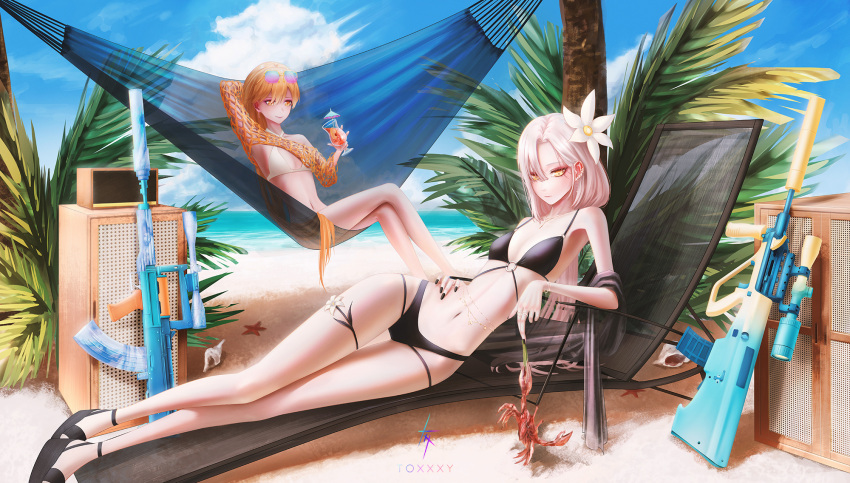 2girls alternate_costume arm_behind_head artist_name assault_rifle aug_(girls'_frontline) bare_legs beach bikini black_bikini black_footwear black_nails blonde_hair breasts bullpup cleavage closed_mouth cocktail_glass collarbone crab crossed_legs cup dindsau drinking_glass earrings eyewear_on_head flower girls'_frontline gun hair_flower hair_ornament hand_on_own_hip highres holding holding_cup jewelry legs lips long_hair looking_at_another looking_down lying multiple_girls nail_polish navel orange_eyes orange_hair ots-14_(girls'_frontline) ots-14_groza rifle sand small_breasts smile starfish steyr_aug sunglasses swimsuit weapon white_bikini yellow_eyes