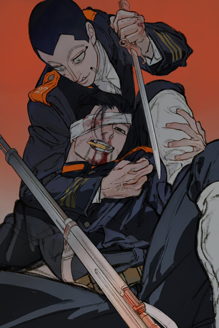 2boys arisaka bandage_over_one_eye bayonet belt black_eyes blood blood_from_mouth blood_on_hands blue_jacket bolt_action bullet_in_mouth buzz_cut clothes_grab facial_hair feet_out_of_frame fighting gkyoyo00 goatee golden_kamuy grabbing grabbing_from_behind gradient_background grey_eyes gun hair_slicked_back hair_strand half-closed_eye hand_on_another's_leg hand_up highres holding holding_knife imperial_japanese_army jacket knife long_sleeves looking_at_another lying male_focus military military_jacket military_uniform mole mole_on_cheek mouth_hold multiple_boys nosebleed ogata_hyakunosuke on_back red_background rifle scar scar_on_cheek scar_on_face shirt short_hair smile stick_figure teeth_hold thick_eyebrows uniform usami_tokishige very_short_hair weapon white_shirt wide-eyed