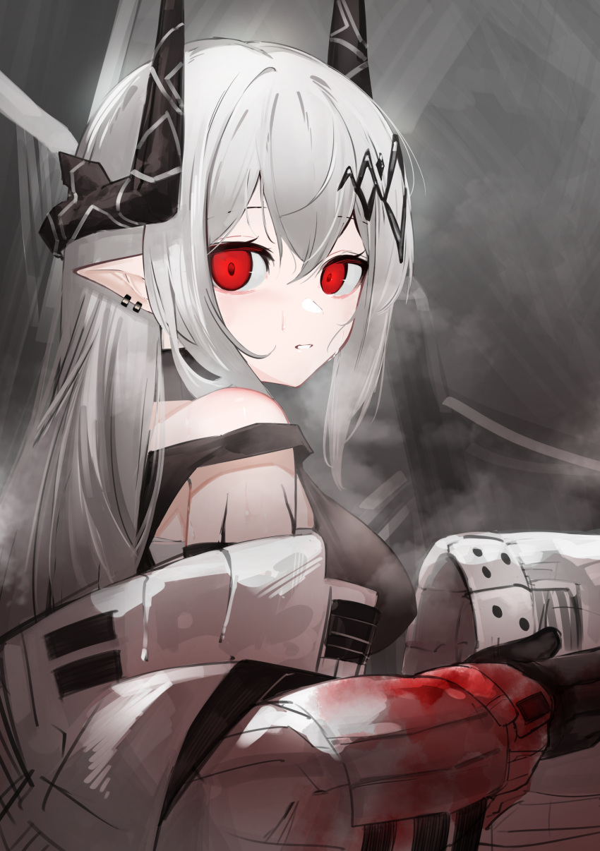 1girl absurdres ao_oni_(onioni-aoi) arknights black_gloves black_horns black_sports_bra blood blood_on_clothes commentary_request ear_piercing from_side gloves grey_background grey_hair hair_between_eyes helmet highres holding holding_helmet horns jacket long_hair long_sleeves looking_at_viewer mudrock_(arknights) mudrock_(elite_ii)_(arknights) oripathy_lesion_(arknights) parted_lips piercing pointy_ears red_eyes sidelocks solo split_mouth sports_bra strap_slip sweat upper_body white_helmet white_jacket