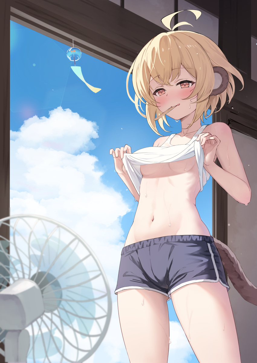 2023 absurd_res ahoge andira_(granblue_fantasy) animal_humanoid blonde_hair bodily_fluids bottomwear breasts clothed clothing clothing_lift electric_fan female granblue_fantasy hair heat_(temperature) hi_res humanoid inside kimblee_(artist) mammal mammal_humanoid monkey_humanoid navel primate primate_humanoid shirt shirt_lift shorts sky small_breasts solo sweat tank_top topwear under_boob