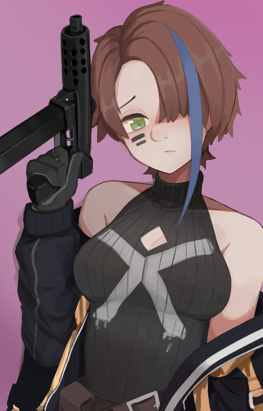 1girl bare_shoulders black_gloves black_jacket black_shirt blue_hair blush breasts brown_hair cleavage cleavage_cutout closed_mouth clothing_cutout commentary_request covered_collarbone facial_mark girls'_frontline gloves green_eyes gun hair_over_one_eye head_tilt highres holding holding_gun holding_weapon jacket long_sleeves maishtar_colo medium_breasts multicolored_hair name_connection object_namesake official_alternate_costume open_clothes open_jacket pink_background puffy_long_sleeves puffy_sleeves ribbed_shirt shirt simple_background sleeveless sleeveless_shirt solo streaked_hair tec-9 tec-9_(girls'_frontline) upper_body weapon
