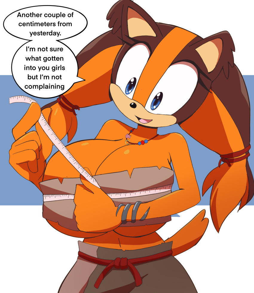 absurd_res anthro badger big_breasts breast_squish breasts cleavage clothed clothing dialogue english_text female hi_res huge_breasts jewelry kojiro-brushard mammal measuring_breasts mustelid musteline necklace sega solo sonic_boom sonic_the_hedgehog_(series) squish sticks_the_jungle_badger tape_measure text under_boob