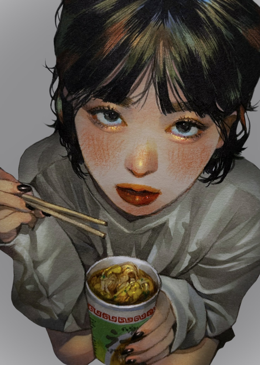 1girl black_eyes black_hair black_shorts blush chom1015 chopsticks commentary cup_ramen fingernails food grey_background hair_behind_ear highres holding holding_chopsticks lips lipstick looking_at_viewer makeup nail_polish noodles open_mouth original painting_(medium) ramen sanpaku shirt short_hair shorts simple_background solo squatting swept_bangs traditional_media upper_body white_shirt