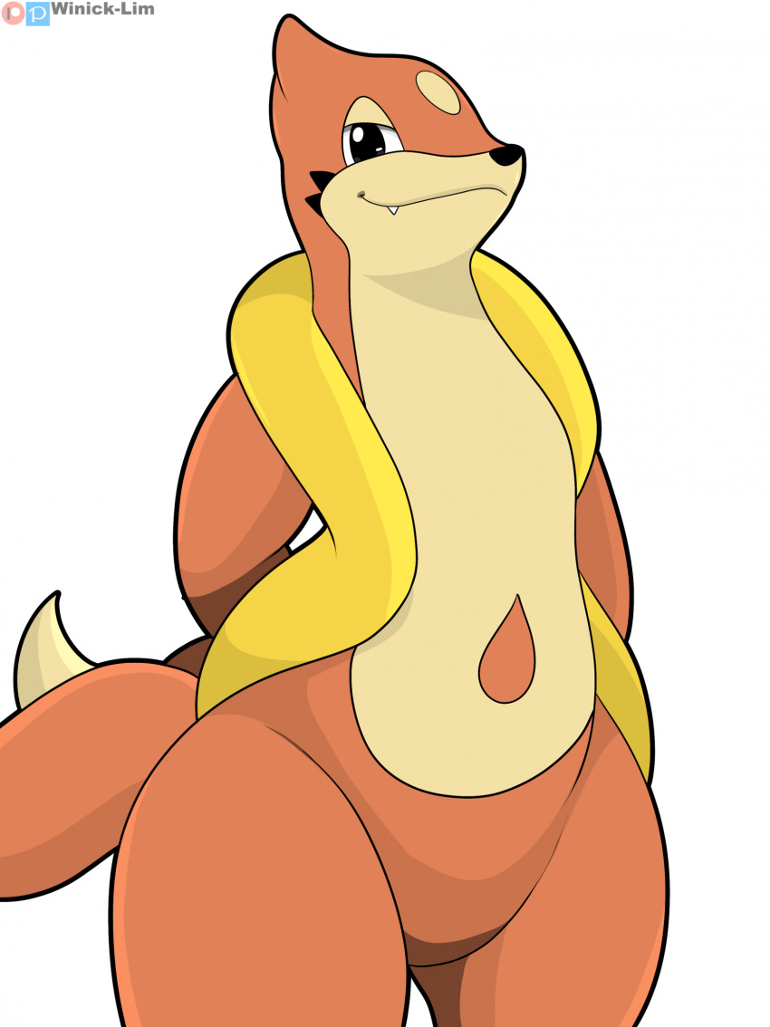 2023 2_tails ambiguous_gender anthro biped black_eyes black_nose floatzel fur generation_4_pokemon half-closed_eyes hands_behind_back hi_res looking_at_viewer multi_tail narrowed_eyes nintendo orange_body orange_fur orange_tail pokemon pokemon_(species) simple_background solo standing tail teeth white_background winick-lim