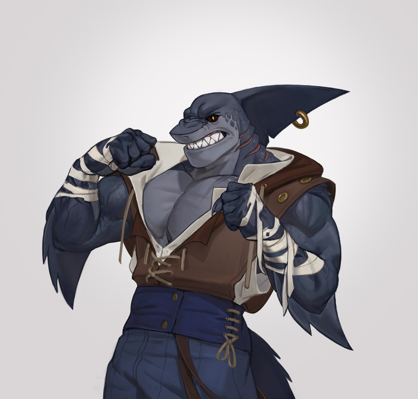 angry anthro biceps clenched_teeth clothed clothing digital_drawing_(artwork) digital_media_(artwork) edvardiko fin fish fist gills hi_res kuyo looking_at_viewer male marine muscular muscular_male pecs piercing scales scar shark simple_background solo standing teeth vein veiny_muscles wrappings