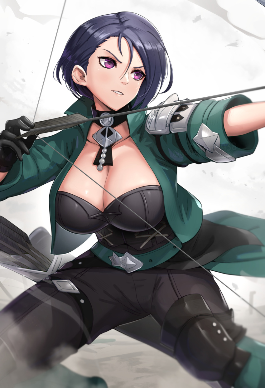 1girl arrow_(projectile) belt black_pants blue_hair bodice bow_(weapon) breasts choker cleavage drawing_bow fire_emblem fire_emblem:_three_houses gloves gonzarez green_belt green_jacket highres holding holding_bow_(weapon) holding_weapon jacket large_breasts open_clothes open_jacket pants purple_eyes quiver redrawn shamir_nevrand short_hair simple_background smile solo weapon