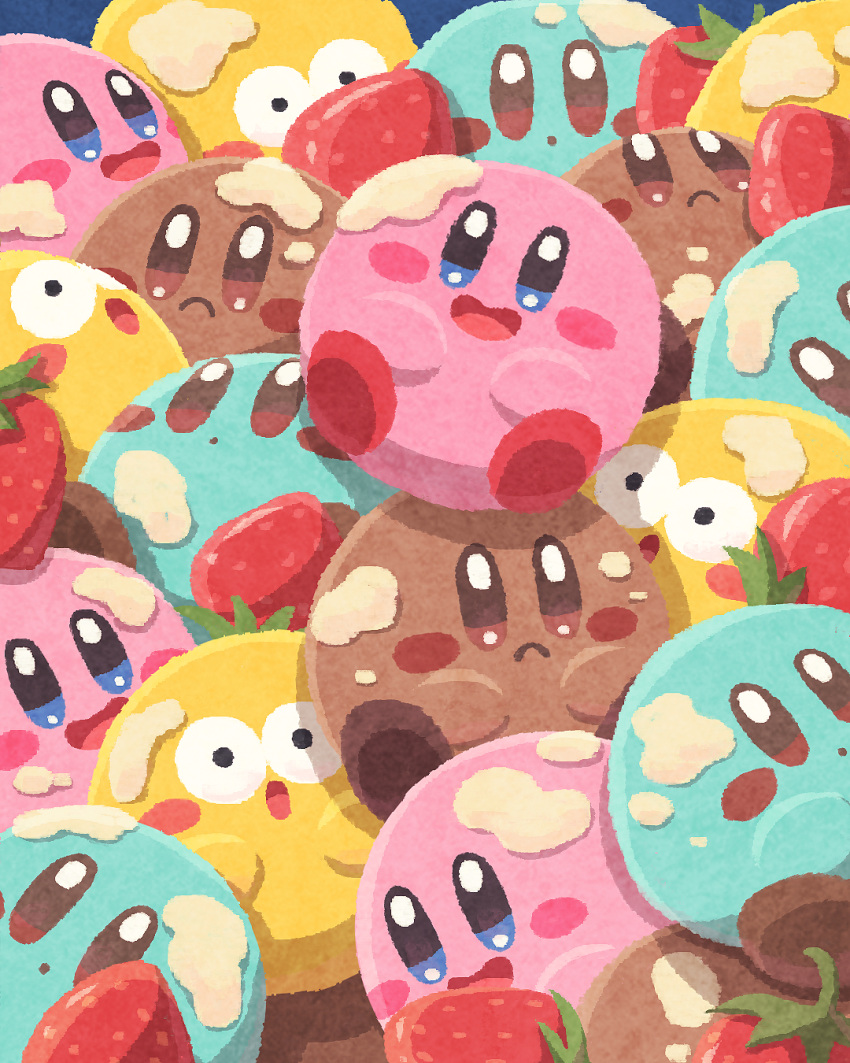 blush_stickers colored_skin commentary_request creature food food_on_face fruit highres kirby kirby's_dream_buffet kirby_(series) looking_at_viewer miclot no_humans o_o open_mouth pink_skin smile solid_oval_eyes strawberry too_many yellow_skin