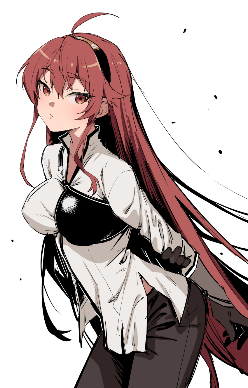 1girl absurdres ahoge armor black_gloves black_hairband black_pants boobplate breastplate breasts chubb closed_mouth collared_shirt eris_greyrat gloves hairband highres leaning_forward long_hair long_sleeves looking_at_viewer medium_breasts mushoku_tensei pants red_eyes red_hair shirt simple_background solo very_long_hair white_shirt