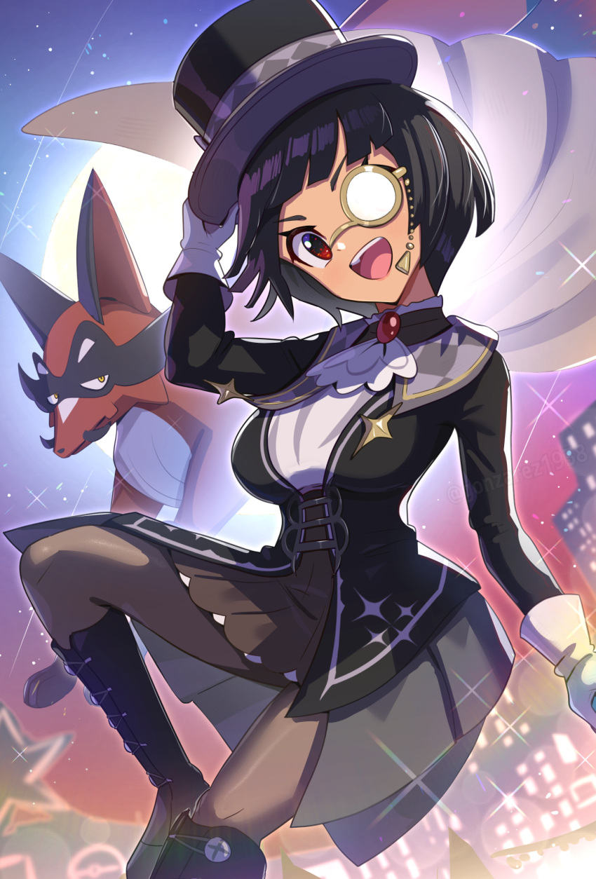 1girl :d ascot black_footwear black_hair black_headwear black_jacket boots brown_skirt commentary_request gloves gonzarez hand_on_headwear hand_up hat head_tilt highres jacket monocle official_alternate_costume opaque_monocle open_mouth pantyhose pokemon pokemon_(creature) pokemon_(game) pokemon_masters_ex red_eyes shirt skirt smile teeth thievul tongue top_hat upper_teeth_only white_ascot white_gloves white_shirt zinnia_(pokemon)