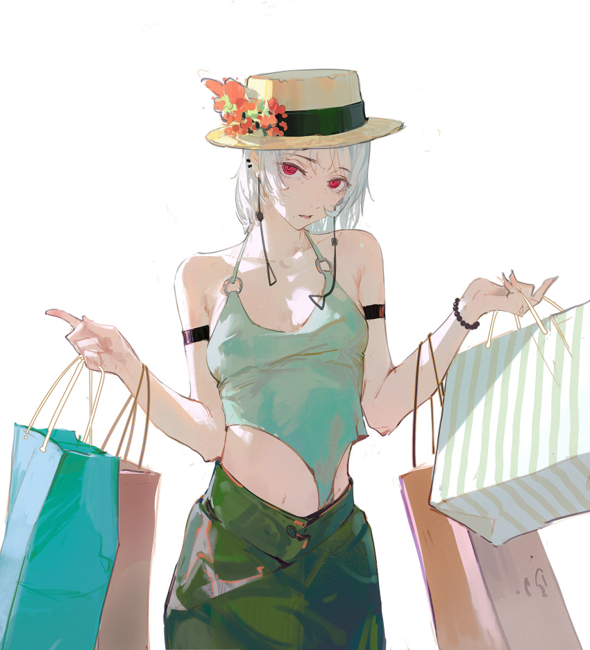 1girl armband bag boater_hat bracelet breasts chainsaw_man dino_(dinoartforame) earrings fami_(chainsaw_man) grey_hair head_tilt highres holding holding_bag jewelry looking_at_viewer medium_breasts mole mole_under_eye mole_under_mouth o-ring_leotard red_eyes ringed_eyes shopping_bag simple_background solo white_background