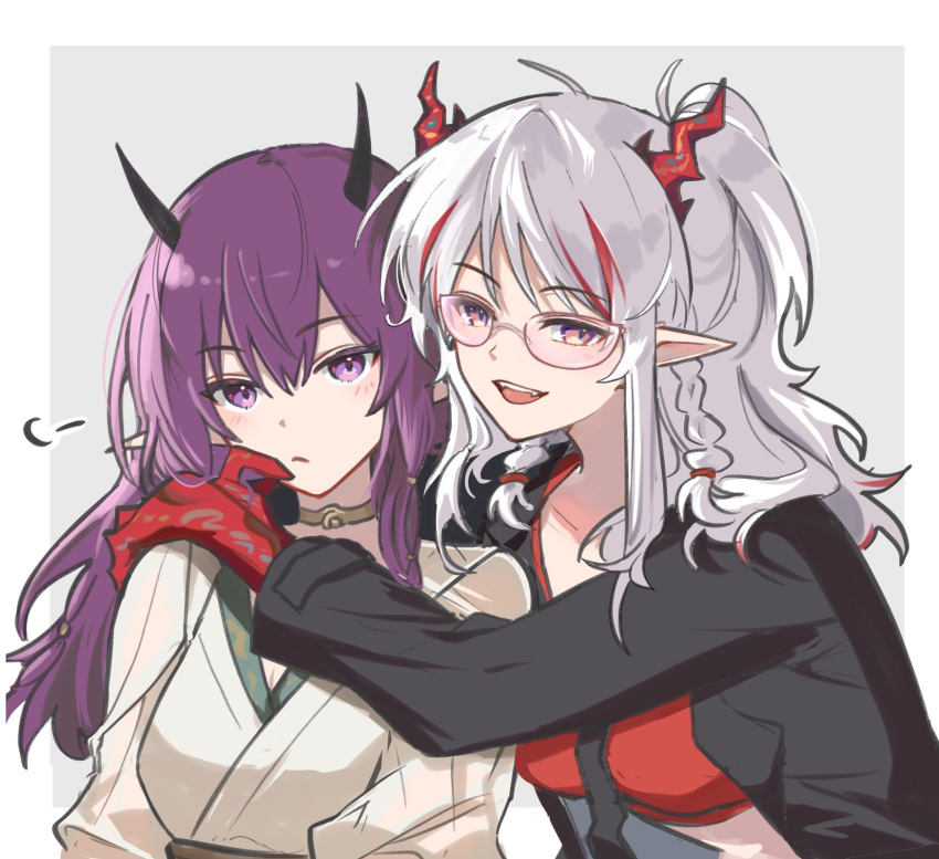 2girls alternate_costume arknights black_necktie black_shirt braid colored_skin commentary_request crop_top demon_girl demon_horns dragon_girl dragon_horns expressionless gold_choker hands_on_another's_shoulders highres horns hug lava_(arknights) lava_the_purgatory_(arknights) long_hair long_sleeves looking_at_viewer mabing multicolored_hair multiple_girls necktie nian_(arknights) open_clothes open_mouth open_shirt pointy_ears purple_eyes purple_hair red_skin shirt smile streaked_hair twin_braids upper_body white_hair yuri