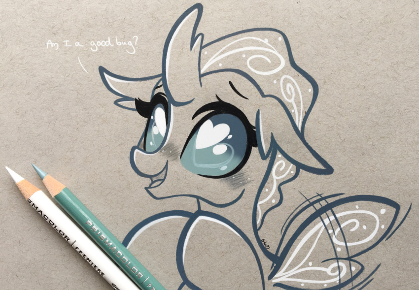 &lt;3 &lt;3_eyes absurd_res arthropod changeling dialogue emberslament english_text female flapping_wings friendship_is_magic graphite_(artwork) hasbro hi_res horn motion_lines my_little_pony ocellus_(mlp) pencil_(artwork) pencil_(object) restricted_palette text traditional_media_(artwork)