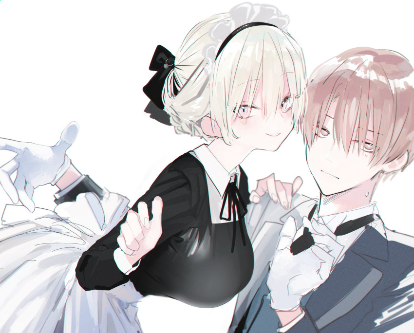 1boy 1girl archived_source black_bow black_dress black_ribbon blush bow breasts brown_eyes brown_hair butler collared_dress dress fujimoto_shiki gloves hair_bow hair_up hand_on_another's_shoulder highres honjou_satoru honnryou_hanaru large_breasts maid maid_headdress neck_ribbon original parted_lips pink_eyes ribbon simple_background smile suit sweatdrop upper_body white_background white_gloves white_hair