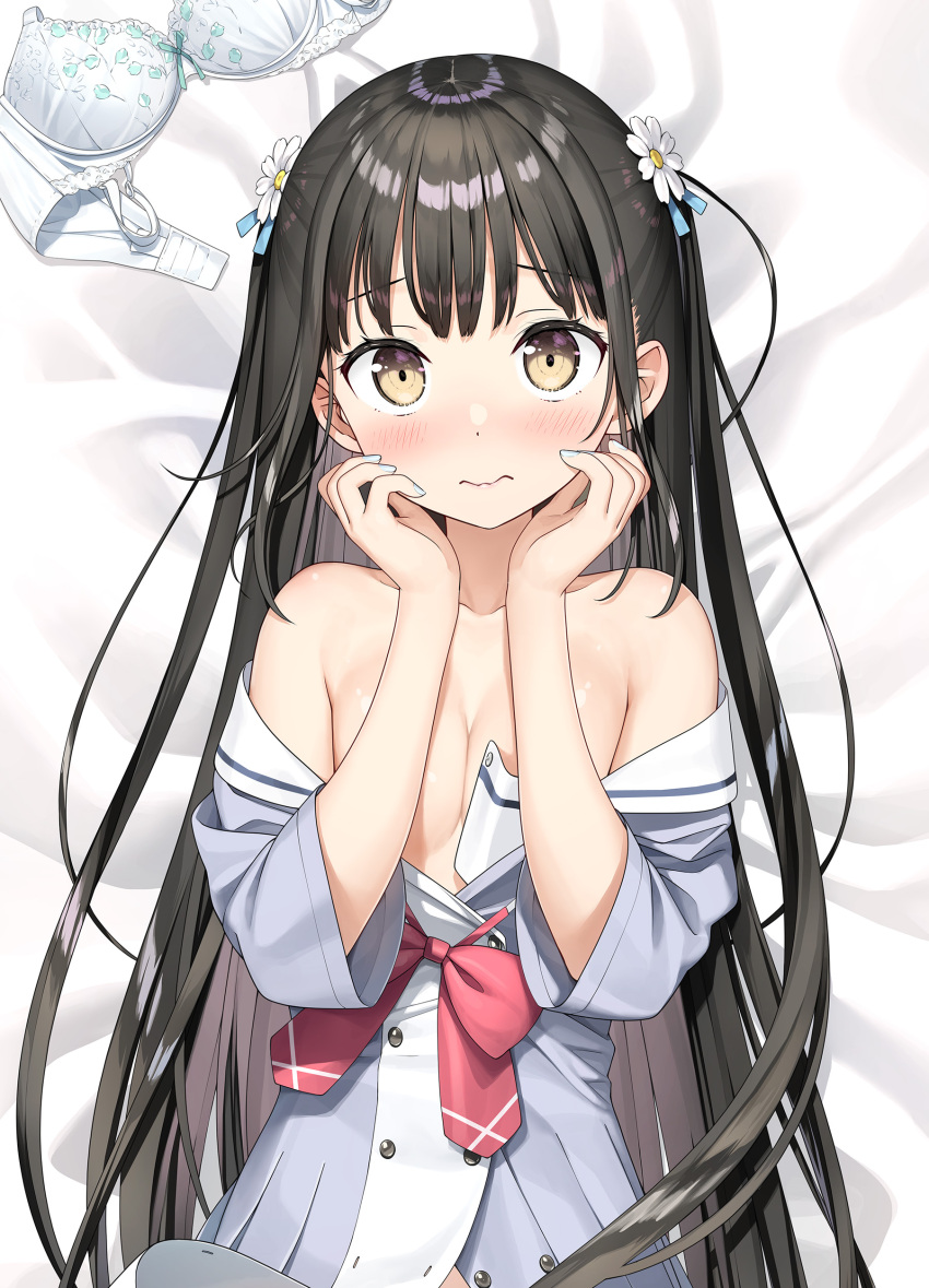 1girl absurdres bare_shoulders black_hair blush bra braid breasts brown_eyes clothes_removed flower hair_flower hair_ornament hand_on_own_face highres kantoku long_hair looking_at_viewer medium_breasts nail_polish no_bra on_bed original red_ribbon ribbon solo underwear uniform white_bra