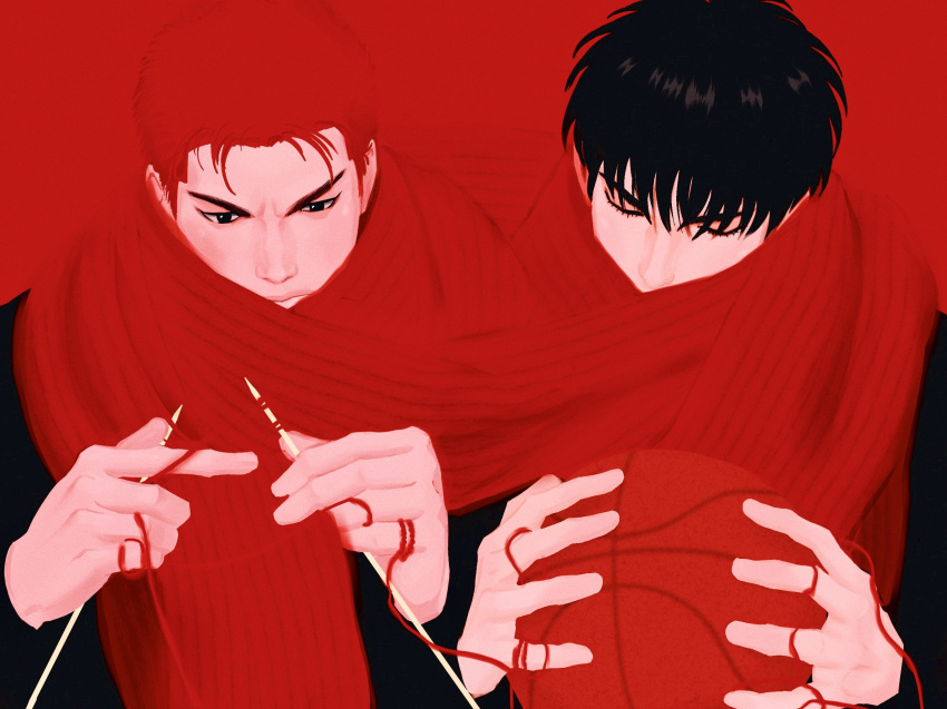 2boys bishounen black_eyes black_hair closed_eyes highres holding holding_needle knitting knitting_needle male_focus multiple_boys needle pyogopyogoyum red_background red_hair rukawa_kaede sakuragi_hanamichi scarf shared_clothes shared_scarf short_hair slam_dunk_(series) toned toned_male upper_body wool yarn yarn_ball