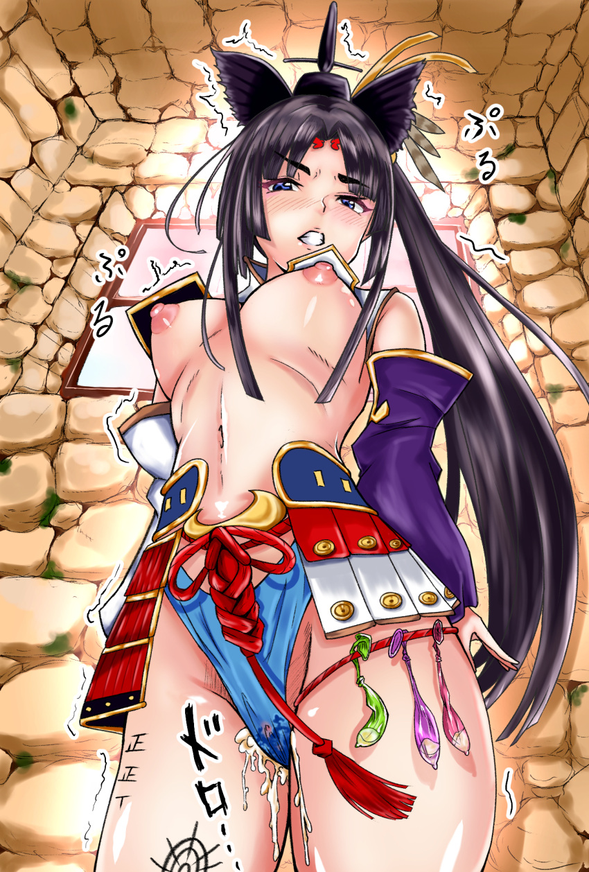 1girl armor asymmetrical_clothes asymmetrical_sleeves blue_eyes blue_panties blush body_writing breast_curtains breasts breasts_out clenched_teeth commentary_request condom cum cum_in_pussy detached_sleeves fate/grand_order fate_(series) feather_hair_ornament feathers hair_ornament hat highres indoors japanese_armor kusazuri long_hair looking_at_viewer medium_breasts mismatched_sleeves moss navel nipples open_mouth panties parted_bangs purple_sleeves shoulder_armor side_ponytail single_pantsleg sode solo tally tally_counter tate_eboshi teeth tinp0ginginmaru trembling underwear used_condom ushiwakamaru_(fate) very_long_hair white_sleeves