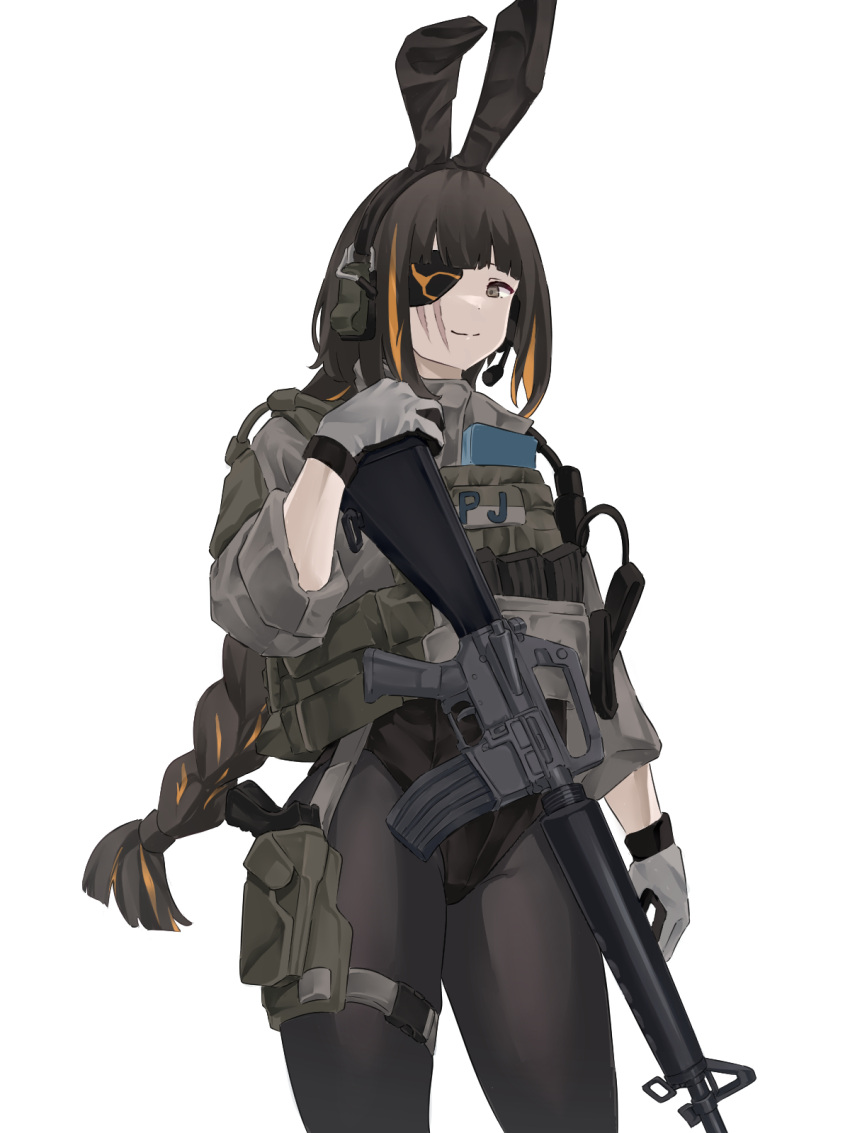 1girl animal_ears assault_rifle black_leotard black_pantyhose brown_eyes brown_hair chest_rig eyepatch fake_animal_ears girls'_frontline gloves grey_shirt gun highres leotard looking_at_viewer m16 m16a1_(girls'_frontline) multicolored_hair mutugorou_u pantyhose playboy_bunny rifle shirt smile solo streaked_hair weapon white_background white_gloves