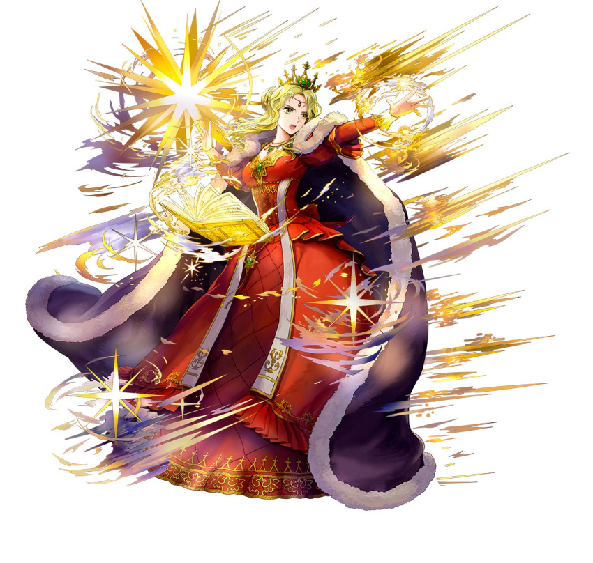 1girl asatani_tomoyo attack blonde_hair book breasts cape circlet cleavage dress fire_emblem fire_emblem:_the_binding_blade fire_emblem_heroes full_body fur-trimmed_cape fur_trim gold_trim green_eyes guinevere_(fire_emblem) hair_bun holding holding_book juliet_sleeves light long_hair long_sleeves magic medium_breasts official_alternate_costume official_alternate_hairstyle official_art open_book open_mouth puffy_sleeves purple_cape red_dress shine single_hair_bun solo third-party_source v-shaped_eyebrows white_background