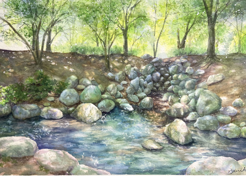 day highres no_humans ooy33151086 original painting_(medium) river riverbank rock scenery shadow sunlight traditional_media tree tree_shade water watercolor_(medium)