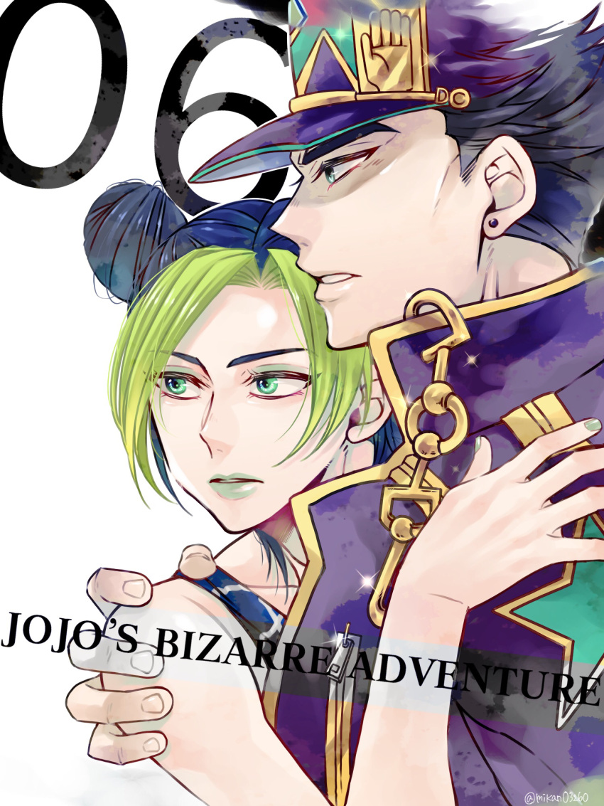 1boy 1girl black_hair blue_eyes chain cone_hair_bun father_and_daughter green_eyes green_hair green_lips green_nails hair_bun hat highres jacket jojo_no_kimyou_na_bouken kujo_jolyne kujo_jotaro midriff mikan03260 multicolored_hair purple_jacket spider_web_print stone_ocean two-tone_hair