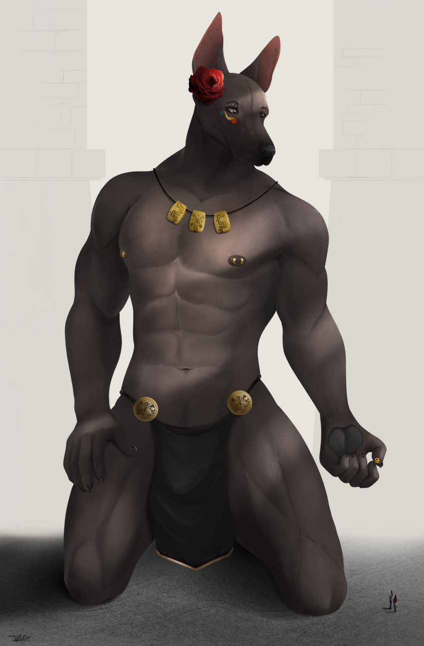 2022 5_fingers abs absurd_res anthro artist_name black_body black_claws black_nose bottomwear brown_eyes canid canine canis claws clothed clothing colored digital_drawing_(artwork) digital_media_(artwork) domestic_dog eyebrows female fingerpads fingers flower flower_in_ear full-length_portrait gentle_giant group hairless hairless_dog hand_on_leg hand_on_thigh hi_res human jewelry kneeling larger_anthro larger_male loincloth looking_down looking_up macro male male/female mammal micro muscular muscular_anthro muscular_male navel necklace nipple_piercing nipples pawpads pecs piercing plant portrait prick_ears primitive_dog shaded signature simple_background size_difference smaller_female smaller_human taylor_(taylornoir) taylornoir topless topless_anthro topless_male trio xoloitzcuintli