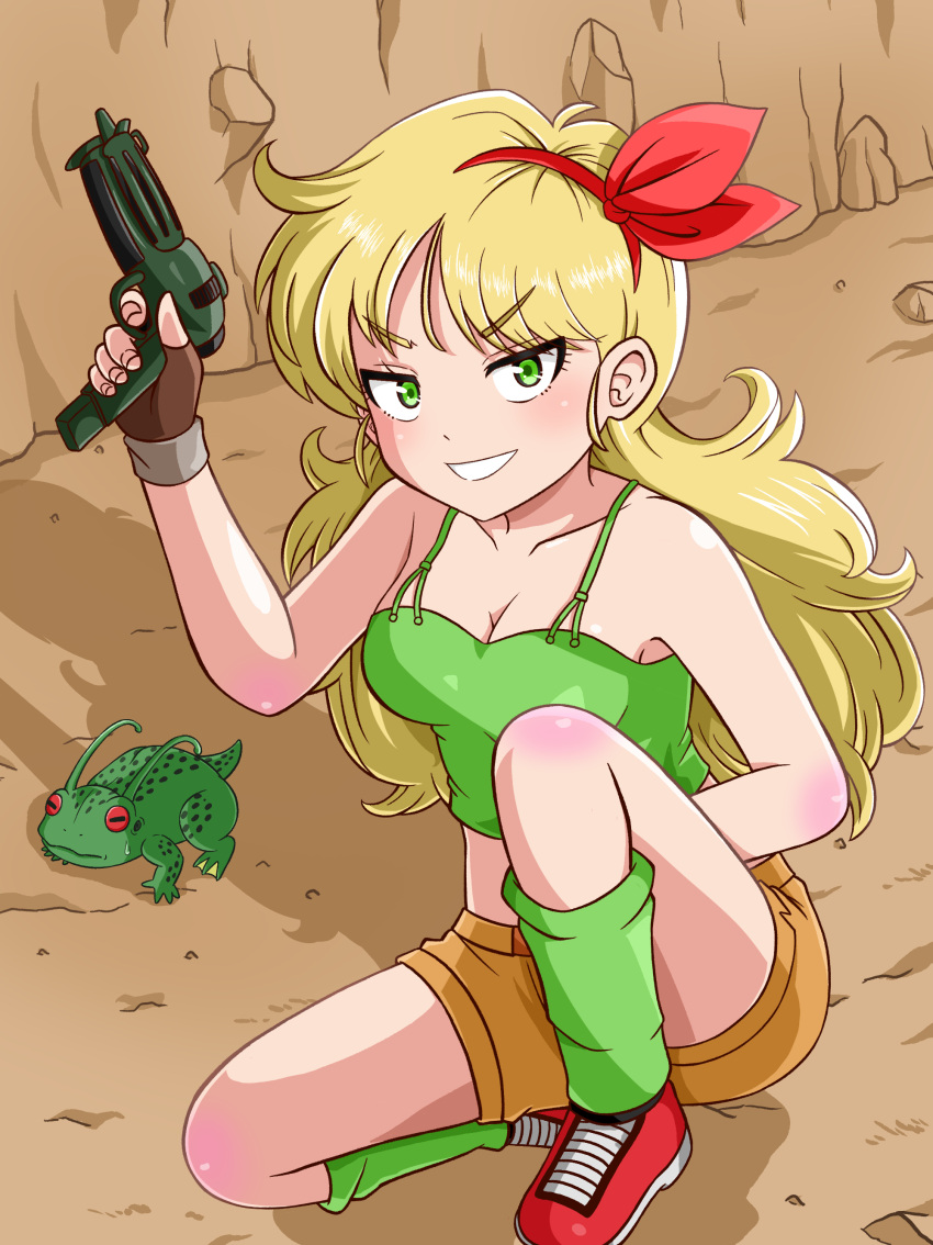 1girl absurdres arm_up bare_shoulders blonde_hair blush breasts captain_ginyu cleavage dragon_ball dragon_ball_z finger_on_trigger fingerless_gloves frog from_above full_body gloves green_eyes grin gun hair_ribbon handgun highres holding holding_gun holding_weapon horizontal_pupils knee_up long_hair looking_at_viewer lunch_(dragon_ball) medium_breasts midriff on_one_knee outdoors pawavita-maio petite red_ribbon ribbon shadow short_shorts shorts smile solo teeth tsurime v-shaped_eyebrows very_long_hair weapon