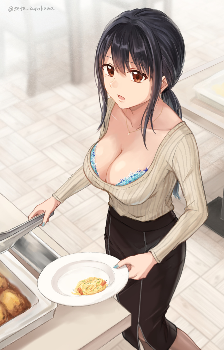 1girl :o blue_bra bra bra_peek breasts brown_eyes buffet cleavage collarbone commission food from_above hair_between_eyes highres holding holding_plate holding_tongs indoors jewelry large_breasts long_hair long_sleeves looking_at_viewer mole mole_under_eye nail_polish necklace office_lady open_mouth original pantyhose pasta pencil_skirt pixiv_commission plate ponytail ribbed_shirt setu_kurokawa shirt skirt solo tan_shirt tongs underwear