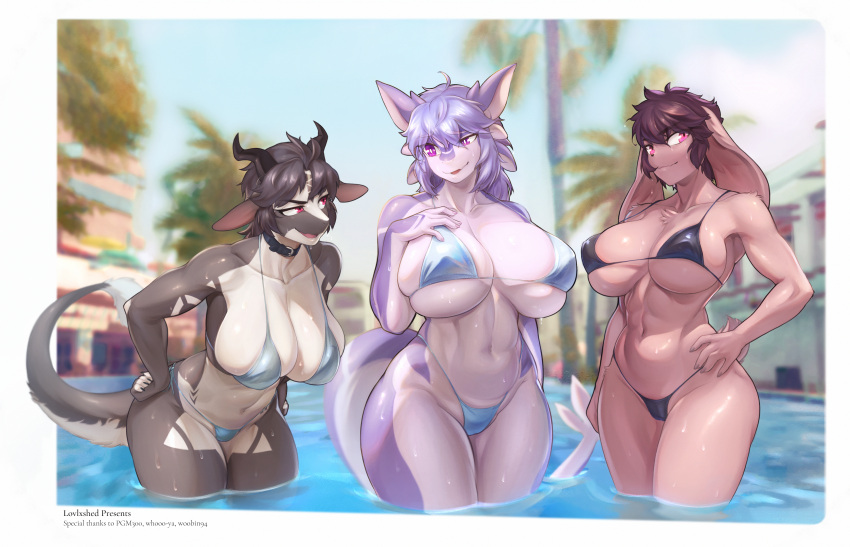 2023 absurd_res anthro aruri bent_over big_breasts bikini black_bikini black_body black_clothing black_hair black_swimwear blue_bikini blue_clothing blue_swimwear breasts brown_body brown_fur brown_hair building bulging_breasts chabett chest_tuft clothing collar collarbone dragon eyebrows eyelashes female floppy_ears fur furred_dragon glistening glistening_body glistening_breasts glistening_clothing group hair hand_on_chest hand_on_hip hi_res huge_breasts huge_filesize lagomorph leporid long_ears lovlxshed mammal navel outside palm_tree partially_submerged pink_eyes plant purple_body purple_eyes purple_hair rabbit red_eyes short_hair shoulder_tuft standing_in_water string_bikini swimming_pool swimwear thick_thighs tree trio tuft wet white_body wide_hips wingless_dragon