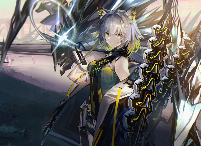 1girl 1other animal_ear_fluff animal_ears arknights black_coat black_shorts breasts cat_ears cat_girl closed_mouth coat commentary cowboy_shot detached_collar dress green_dress green_eyes grey_hair highres jia_redian_ruzi_ruzi kal'tsit_(arknights) kal'tsit_(remnant)_(arknights) long_hair looking_at_viewer looking_to_the_side medium_breasts mon3tr_(arknights) off_shoulder official_alternate_costume open_clothes open_coat shorts single_sidelock
