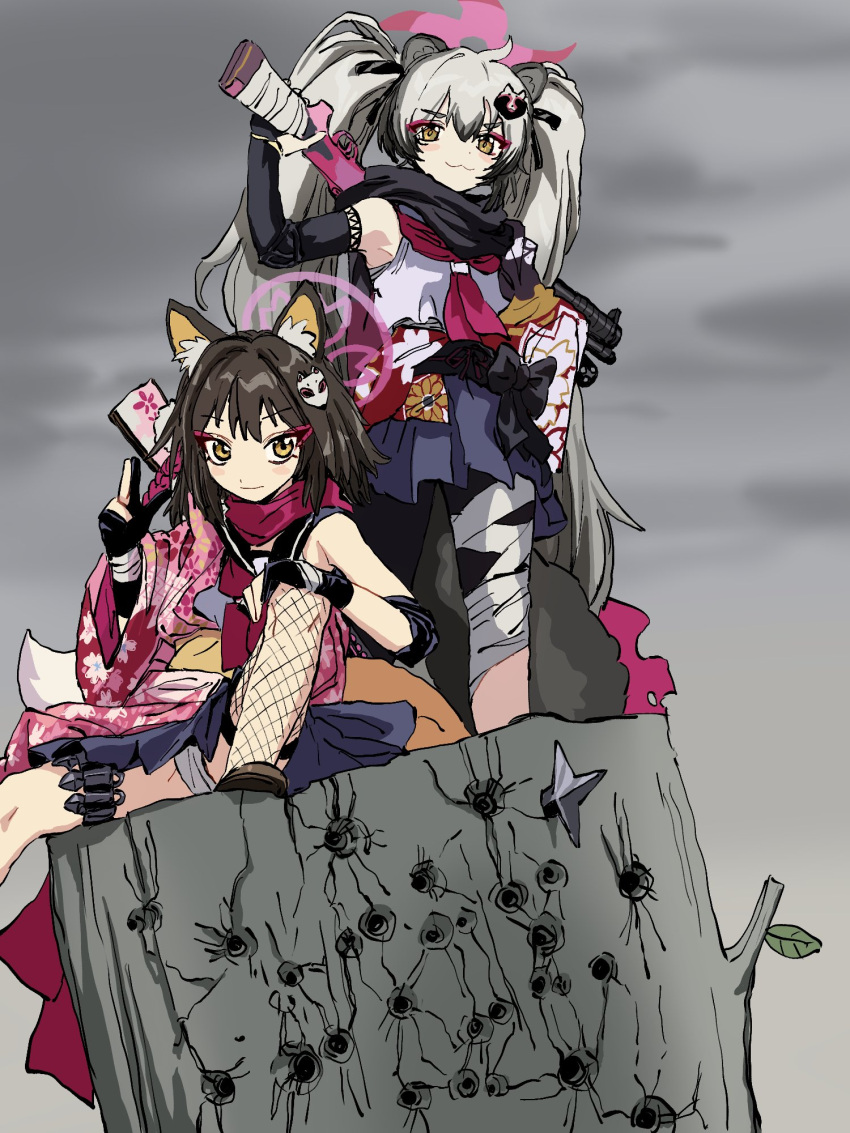 2girls :3 animal_ears bad_id bandaged_leg bandages bike_shorts black_gloves black_scarf blue_archive blue_skirt blush_stickers brown_hair bullet_hole closed_mouth colored_tips elbow_gloves elbow_pads fox_ears fox_girl fox_tail gloves grey_hair grey_shirt gun hadanugi_dousa hair_ornament halo hand_on_own_knee hand_up highres holding holding_gun holding_weapon holster izuna_(blue_archive) japanese_clothes kimono kuji-in kunai log long_hair looking_at_viewer michiru_(blue_archive) multicolored_hair multiple_girls ninja orrdriver over_shoulder overcast panties pantyshot partially_fingerless_gloves pink_kimono pleated_skirt raccoon_ears raccoon_girl raccoon_tail red_eyeliner scarf school_uniform serafuku shirt short_kimono shotgun shuriken single_fishnet_legwear single_thighhigh sitting sitting_on_log skirt sky sleeveless sleeveless_shirt smile standing standing_on_object tail thigh_holster thighhighs twintails underwear weapon weapon_over_shoulder white_panties yellow_eyes