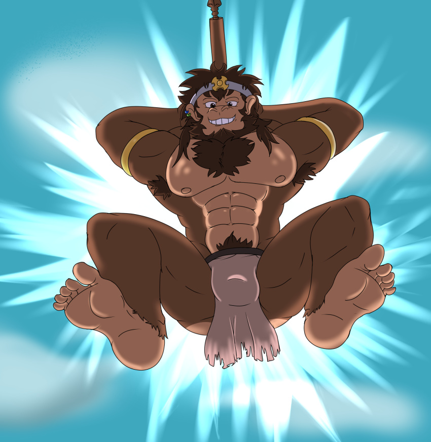 5_toes abs absurd_res accessory anthro ape armpit_hair body_hair bottomwear brown_body brown_hair chest_hair chest_tuft clothing fafnir_stardust_(artist) feet foot_focus hair haplorhine hi_res humanoid_feet loincloth male mammal monkey multicolored_body muscular muscular_anthro muscular_male pecs plantigrade primate pubes solo toes tuft two_tone_body