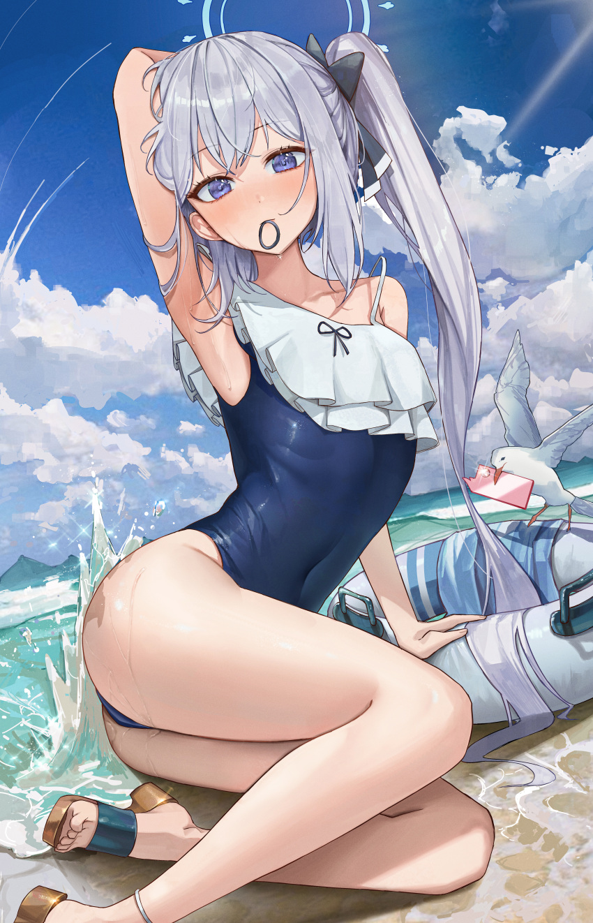 1girl absurdres animal bare_arms bare_legs bare_shoulders beach bird blue_archive blue_one-piece_swimsuit cellphone closed_mouth cloud cloudy_sky day frilled_one-piece_swimsuit frills grey_hair highres innertube kuren_kren long_hair looking_at_viewer miyako_(blue_archive) miyako_(swimsuit)_(blue_archive) ocean off-shoulder_one-piece_swimsuit off_shoulder official_alternate_costume one-piece_swimsuit outdoors phone ponytail purple_eyes sandals seagull sky smartphone solo swimsuit