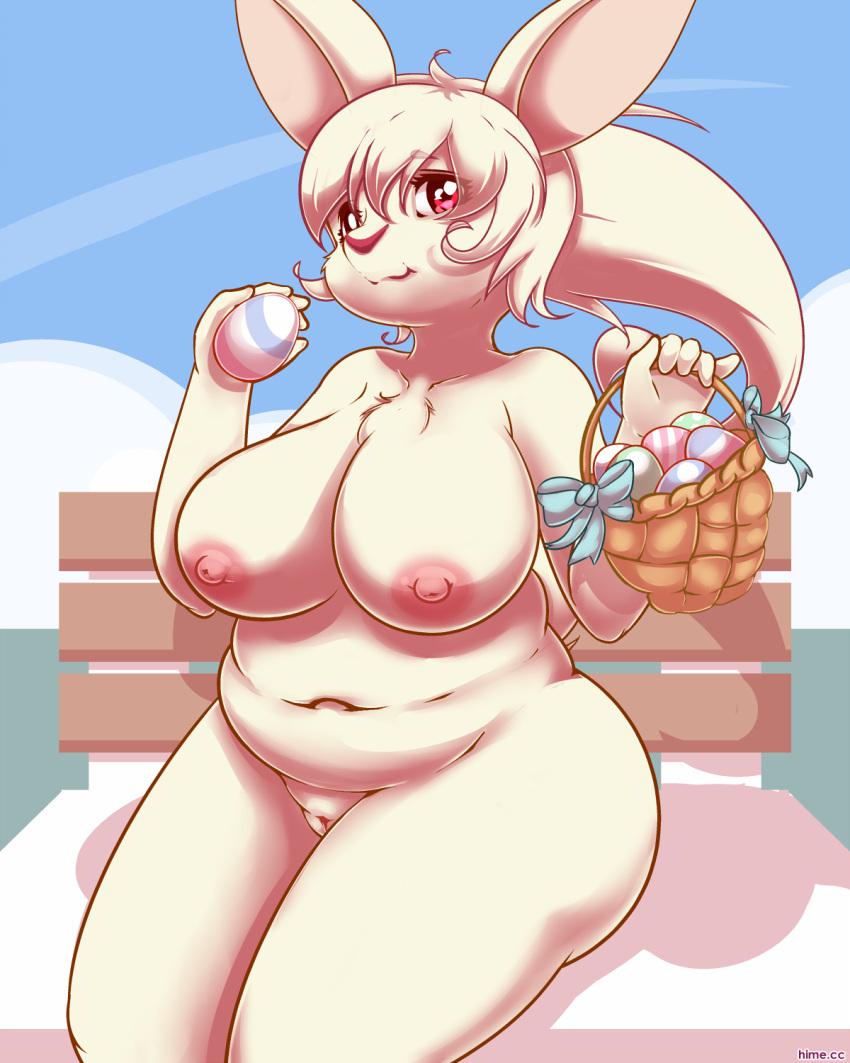 2021 anthro basket belly big_breasts blue_bow blue_sky breasts butt cloud container detailed_background easter easter_egg egg female front_view genitals glistening glistening_eyes hair hi_res holding_basket holding_container holding_egg holding_object holidays huge_breasts lagomorph leporid mammal maverick nipples nude outside overweight overweight_female pink_eyes pink_nose portrait pussy rabbit sky smile solo thick_thighs three-quarter_portrait white_hair wide_hips