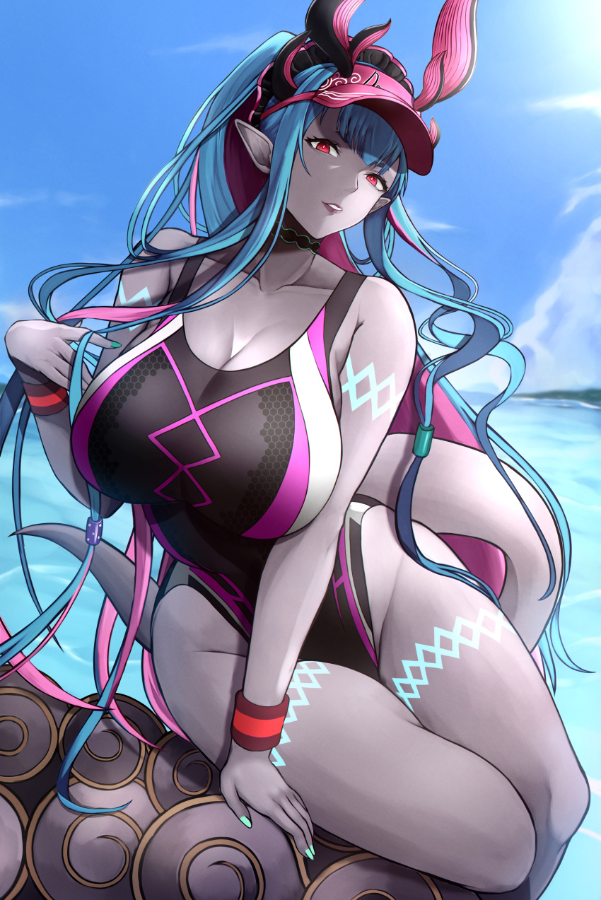 1girl absurdres bare_shoulders black_one-piece_swimsuit blue_hair blue_sky blush body_markings breasts cleavage collarbone colored_skin covered_navel fate/grand_order fate_(series) grey_skin highleg highleg_swimsuit highres horns huge_breasts ibuki_douji_(fate) ibuki_douji_(swimsuit_berserker)_(fate) ibuki_douji_(swimsuit_berserker)_(first_ascension)_(fate) long_hair looking_at_viewer multicolored_hair ocean one-piece_swimsuit oni oni_horns parted_lips pink_hair pink_headwear pink_one-piece_swimsuit pointy_ears ponytail red_eyes sidelocks sky smile solo souma_(so_u_maaaaa) swimsuit tail thigh_strap thighs two-tone_swimsuit visor_cap